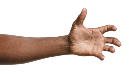 Hand of African-American man holding something on white background