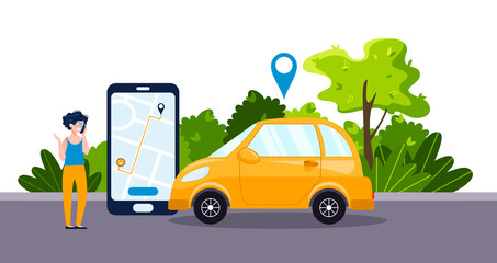 Car sharing service concept with positive businesswoman, telephone app, yellow car. Green environment. Online map and car rental, GPS, mobile application. Vector flat illustration.
