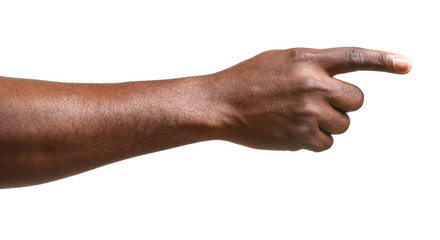 Hand of African-American man pointing at something on white background