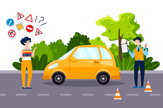 An annoyed woman who holds driving textbooks is trying to remember traffic signs. Driving school concept, driver's license, traffic rules. Vector flat illustration Natural landscape in the background.