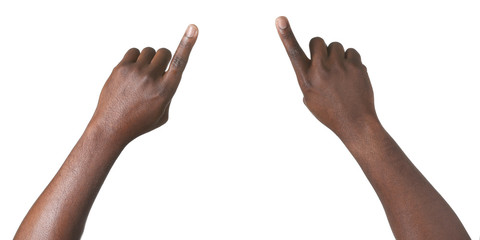Hands of African-American man showing something on white background