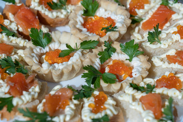 Set of delicious tartlets with red caviar, closeup. Many tartlets with butter and red caviar on a plate