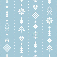 seamless Christmas pattern with stylized snowflakes and trees in one color blue	