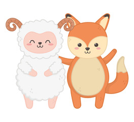 Obraz na płótnie Canvas cute fox and sheep animals standing