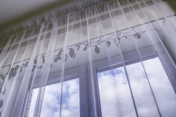 Window with transparent curtains. View from the room to the outside with a blue sky and clouds framed by an exotic hoya plant.