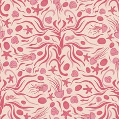 Fototapeta premium Monochrome underwater seamless vector pattern with posidonia sea grass, starfish, and jelly fish. Surface pattern design for fabric, wallpaper, scrapbooking projects, backgrounds.