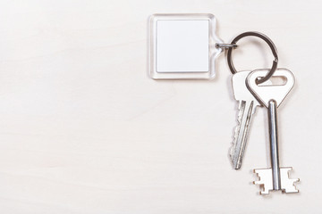 pair of door keys on keyring with blank keychain