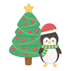 penguin and tree with balls star decoration merry christmas