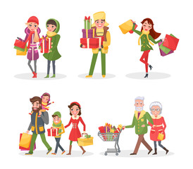 Christmas holiday shopping, family and friends vector. Children with parents carrying brought paper bags and presents on winter event celebration