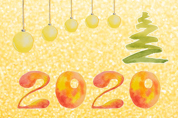 Beautiful card with New Year watercolor illustrations on shiny golden background