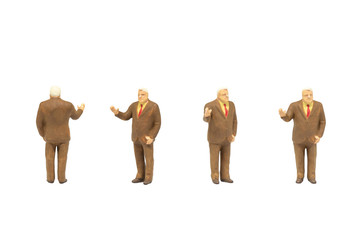 Miniature figure character as passer people posing in posture isolated on white background.