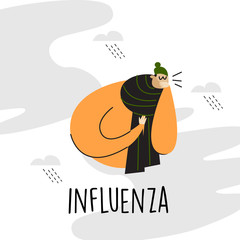 Funny vector illustration of sick man with bad cough. Influenza.