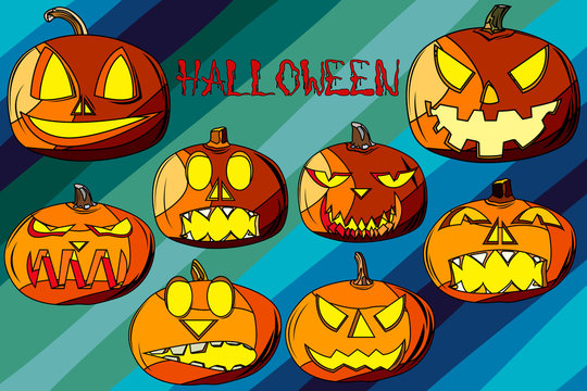 Set of eight pumpkins for Halloween. Wallpaper on the wall for the holiday. Unusual inscription Halloween. Pumpkins with different expressions of emotions.