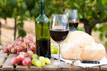 glass of red wine ripe grapes and bread in vineyard