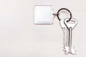 bunch of keys on keyring with blank white keychain