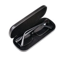 glasses in black eyeglass case isolated on white