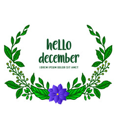 Card of hello december, with abstract purple flower frame background. Vector