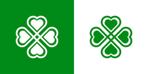 Logotipo con trebol lineal con 4 hojas entrelazado con relleno reducido en verde y blanco © teracreonte