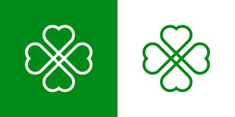Logotipo con trebol lineal de 4 hojas enlazado en verde y blanco - obrazy, fototapety, plakaty