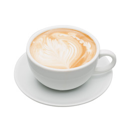 Hot coffee  topped with a art milk in white glass on a white background with clipping path.