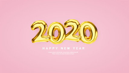 Fototapeta na wymiar Gold Helium Balloon Party for 2020 on pink background.Golden shiny bright font in the air.Happy new year.