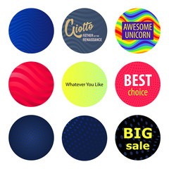 Round badges with distorted polka dot and wave pattern.