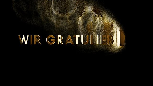 Goldener Text Wir Gratulieren verweht im goldenen Sand. 4k video animation.
