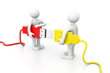 People try to connect cable. Data sharing concept