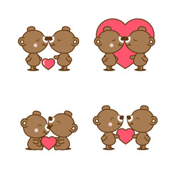 Set of cute couple bear in love with heart.