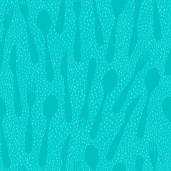 Seamless background of disorganized forks, knives and spoons. Irregular dots background. Easy to edit colors in Illustrator.