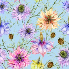 Fotobehang Beautiful colorful nigella flower with green leaves on blue background. Seamless floral pattern. Watercolor painting. Hand drawn and painted illustration. © katiko2016
