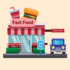 Modern Flat Commercial Restaurant fast food, burger, with drive thru Building Illustration
