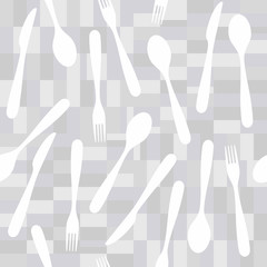 Seamless pattern of disorganized forks, knives and spoons. Tile background. Easy to edit colors in Illustrator.