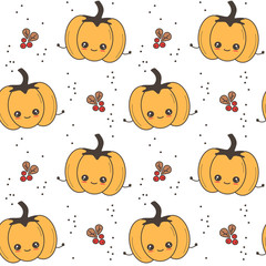 cute holidays seamless vector pattern background illustration with cartoon character pumpkins and berries