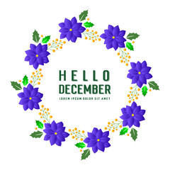 Decorative of card hello december, with feature purple flower frame. Vector