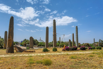 Ancient monolith stone obelisk, symbol of the Aksumite civilization in city Aksum, Ethiopia. UNESCO World Heritage site. African culture and history place. Cradle of life.