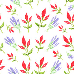 Seamless pattern with red and purple flowers, floral pattern, watercolor flowers