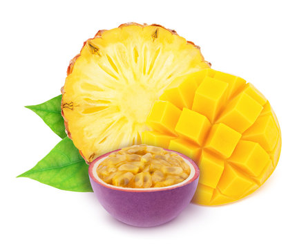 Colourful composition with cutted tropical fruits -pineapple, passion fruit and mango isolated on a white background with clipping path.