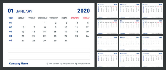 Year 2020, Calendar Design.Minimal and Memo Space