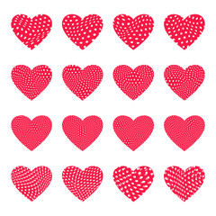 Set of vector hearts with distorted polka dot pattern. Easy to edit colors.