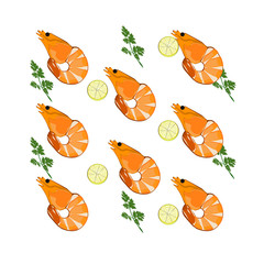 Shrimp with lemon slices and coriander, orange boiled shrimp, patterned background, cute cartoon vector