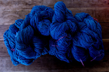 Indigenous Knowledge of thailand. Natural Indigo dye cotton fabric. Cotton thread dyed blue natural...