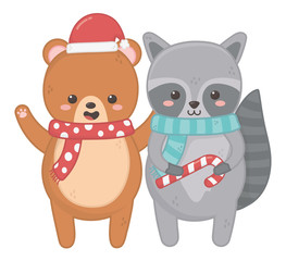 Fototapeta premium cute bear and raccoon with candy cane and scarf merry christmas