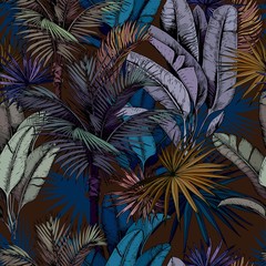 Naadloos patroon met kleurrijke tropische bladeren op donkerblauwe achtergrond. Hand getekend vectorillustratie.