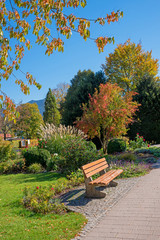 Fototapeta premium herbstlicher Kurpark Rottach-Egern am Tegernsee, Parkweg und Bank