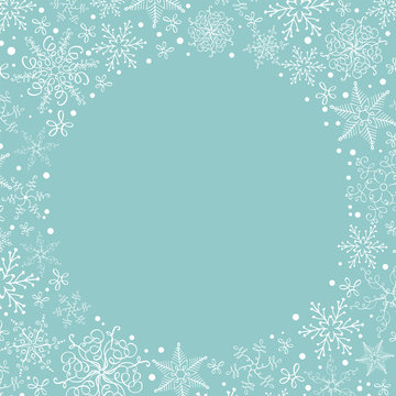 Christmas snowflakes wreath with place for your text. Greeting card design with xmas elements. Modern winter season postcard, brochure, banner