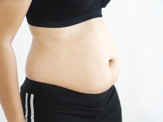cellulite and belly fat in woman on her belly and waist cause of fatty from weight and loss of collagen use for body firming gel or cream product or liposuction concept