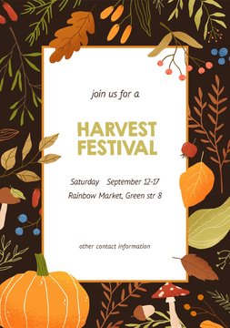 Autumn harvest festival invitation poster flat vector template. Tree branches and leaves botanical banner layout. Forest mushrooms with place for text. Fall season event background design.