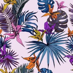 Keuken foto achterwand Orchidee Naadloze patroon met kleurrijke orchideebloemen en tropische bladeren op roze achtergrond. Hand getekend vectorillustratie.