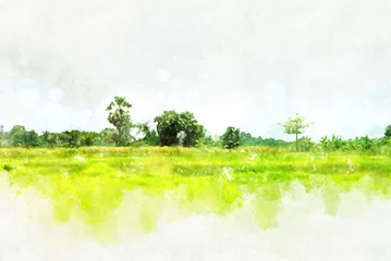 Rolgordijnen Wit Abstracte kleurrijke vorm op boom en veld landschap in Thailand op aquarel illustratie schilderij achtergrond.